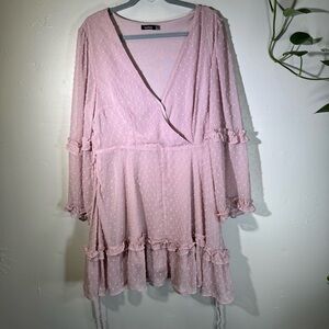 BOOHOO shabby chic pink ruffle dress long sheer sleeve mini swiss dot plus sz14